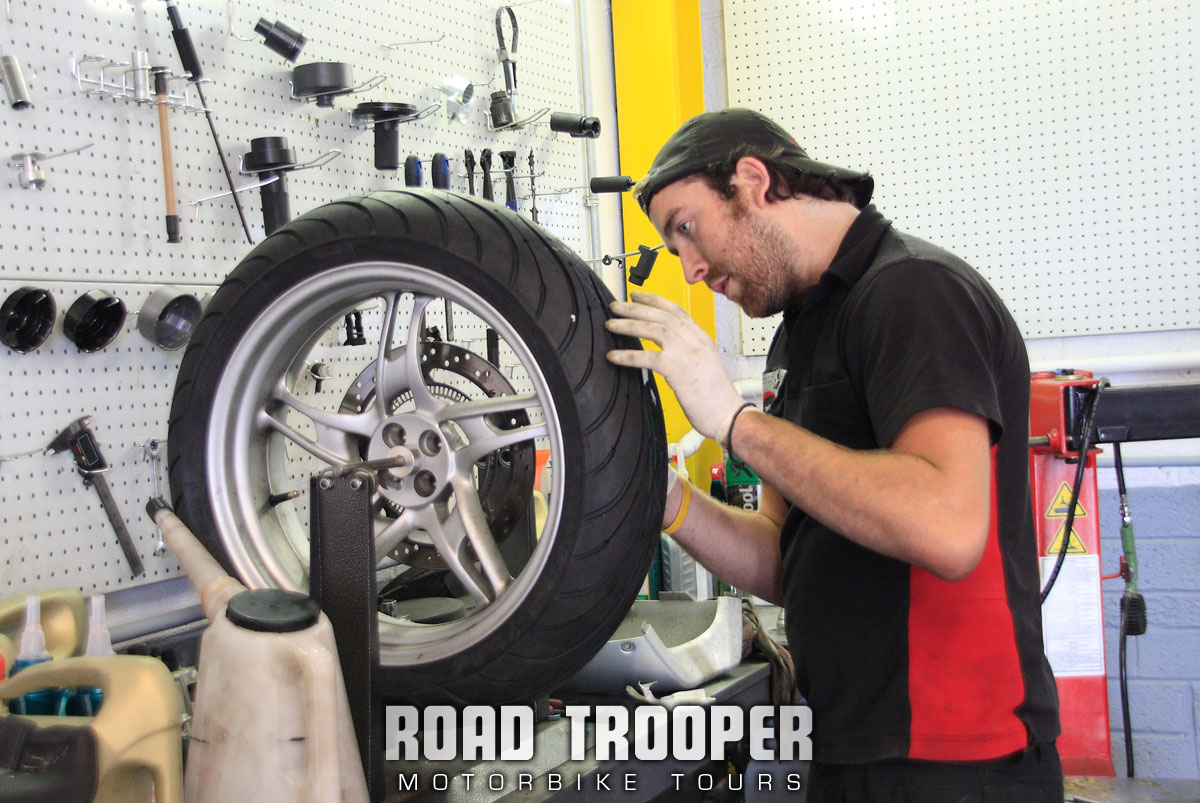 Mark balancing the wheel after fitting the Michelin Pilot Road 3